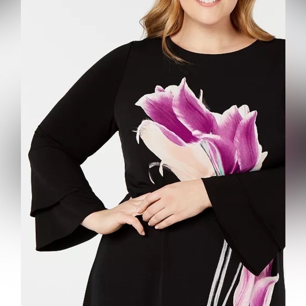 Alfani NWT Black Fresh Petal Tulip Cabaret Bell-Sleeve Ruffle Stretch Dress 12P - Picture 5 of 5